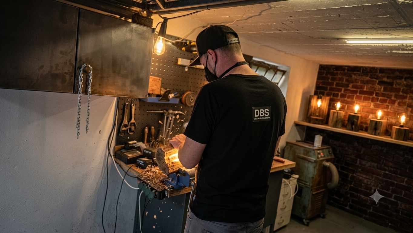 Werkbank mit Eichenholz, Stahlteilen und Handwerkzeug